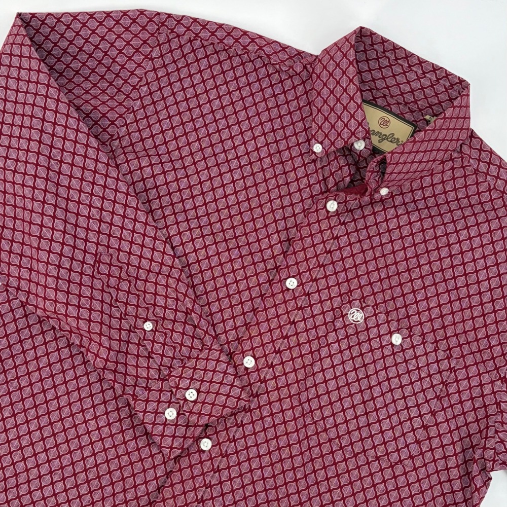 Wrangler Shirt Burgundy Leaf Print Button Down Western Casual Classic Medium